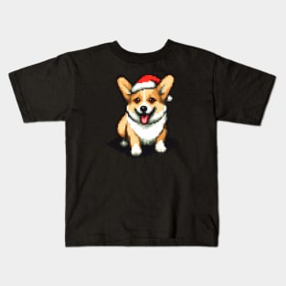 Cute Christmas Corgi in Santa hat Pixel art Kids T-Shirt